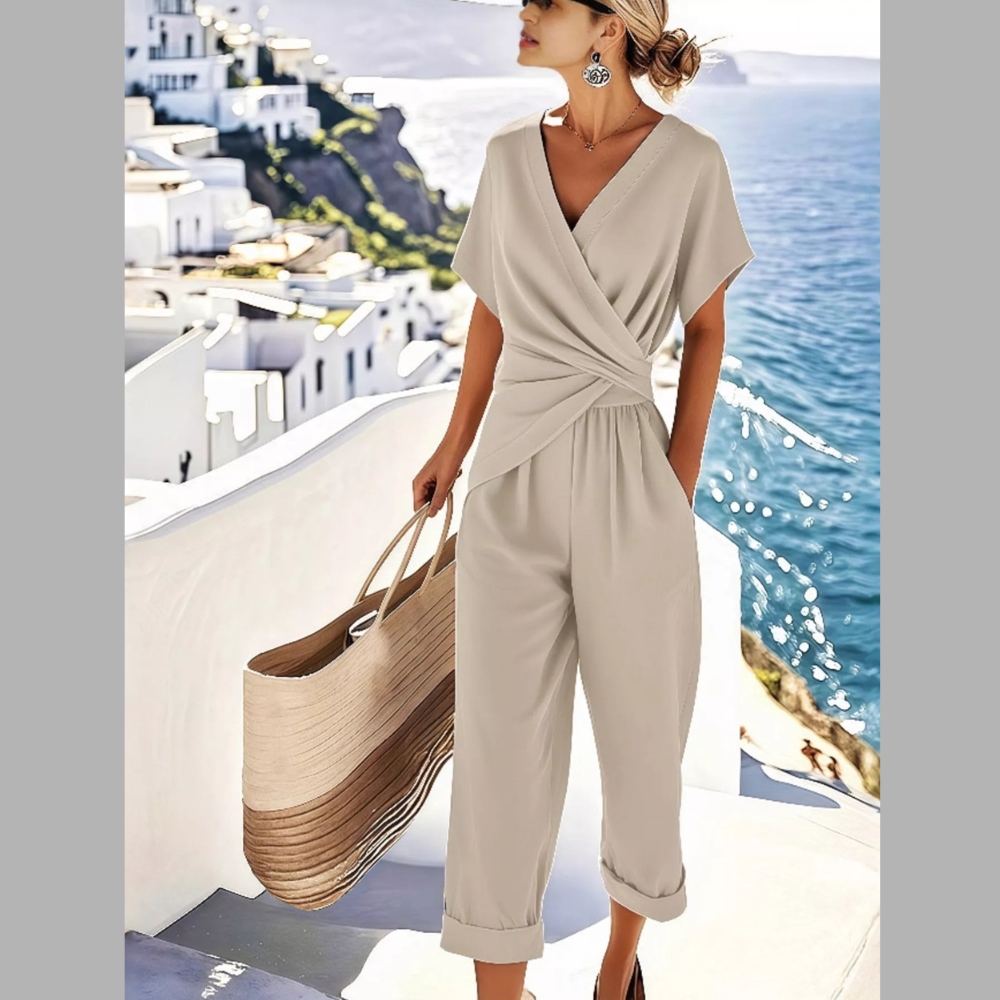 Full Size Surplice Short Sleeve Top and Pants Set Plus Size