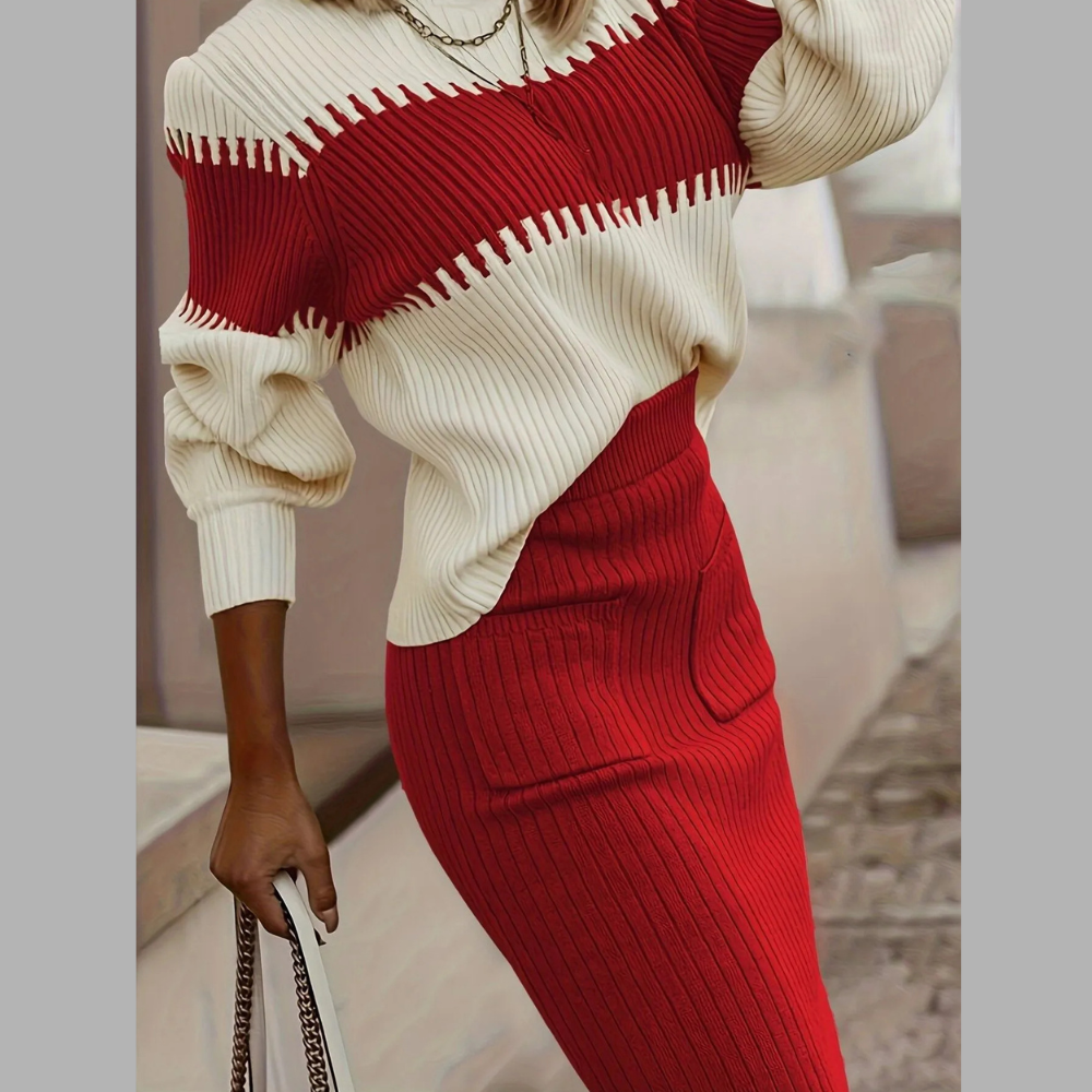 Two-Tone Ribbed Knit Top and Skirt Sweater Set
