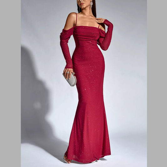 Glitter Ruched Long Sleeve Mermaid Maxi Dress