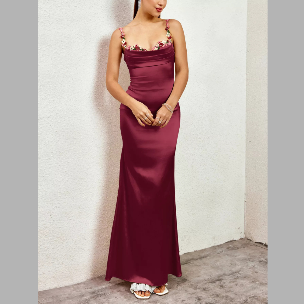 Floral Trim Satin Maxi Dress