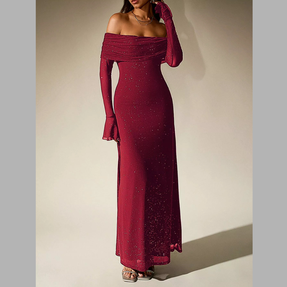 Glitter Off-Shoulder Maxi Dress