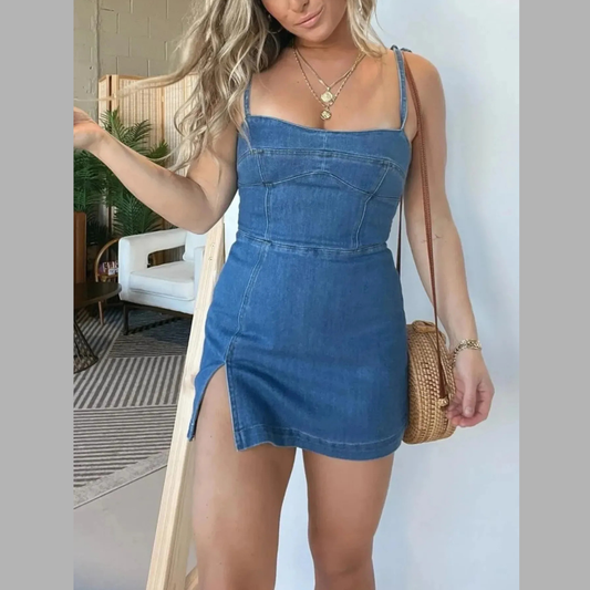 Full Size Slit Square Neck Denim Dress Plus Size