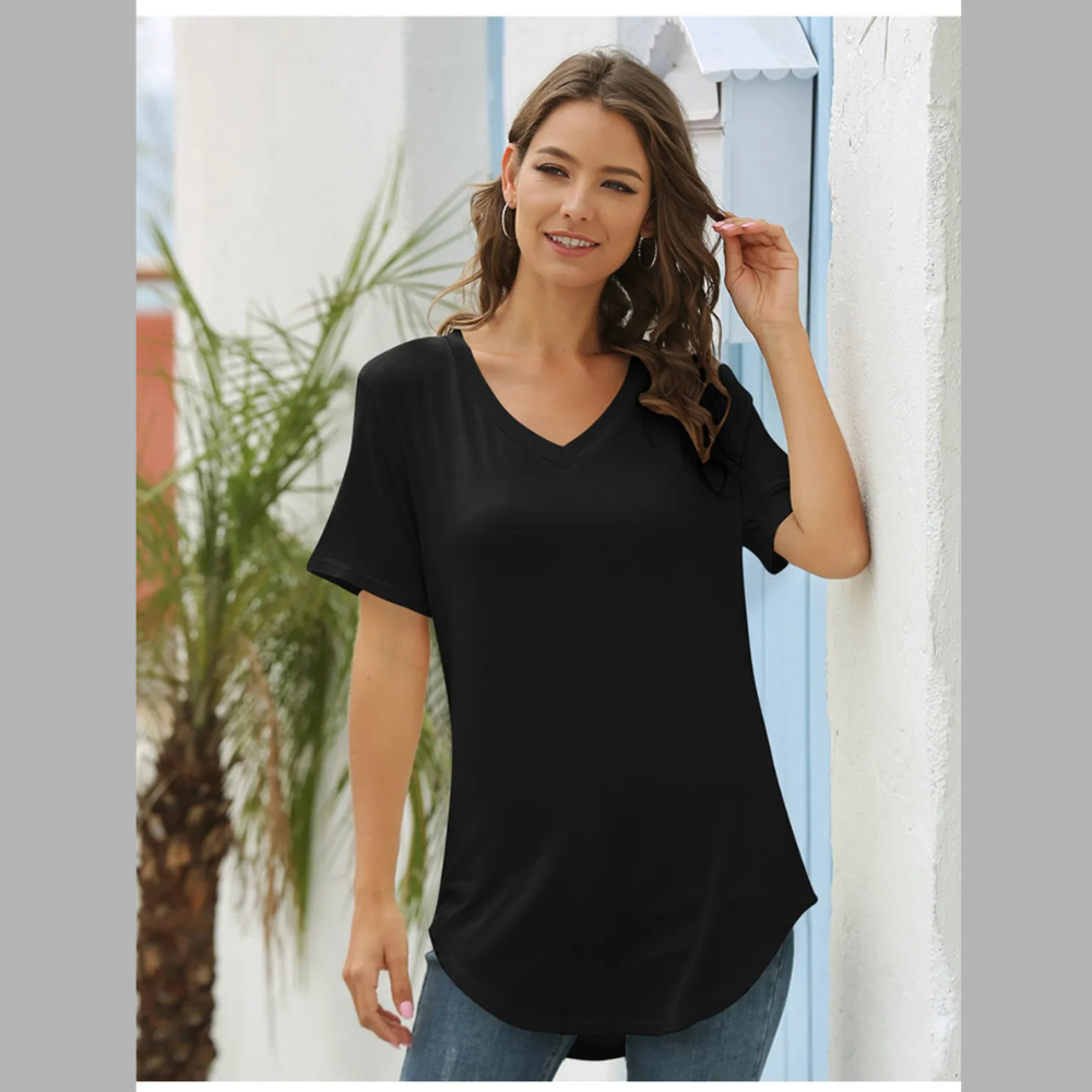 Full Size Solid V-Neck Short Sleeve T-Shirt Plus Size