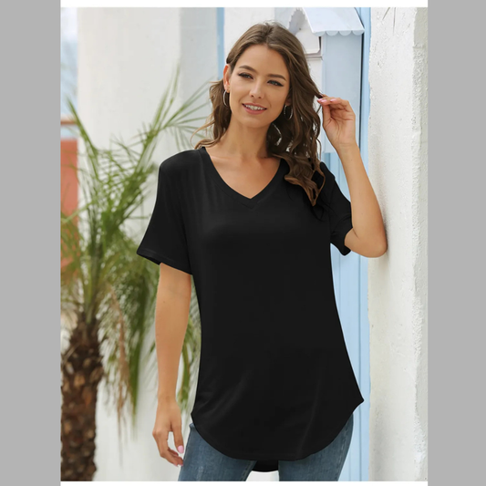 Full Size Solid V-Neck Short Sleeve T-Shirt Plus Size