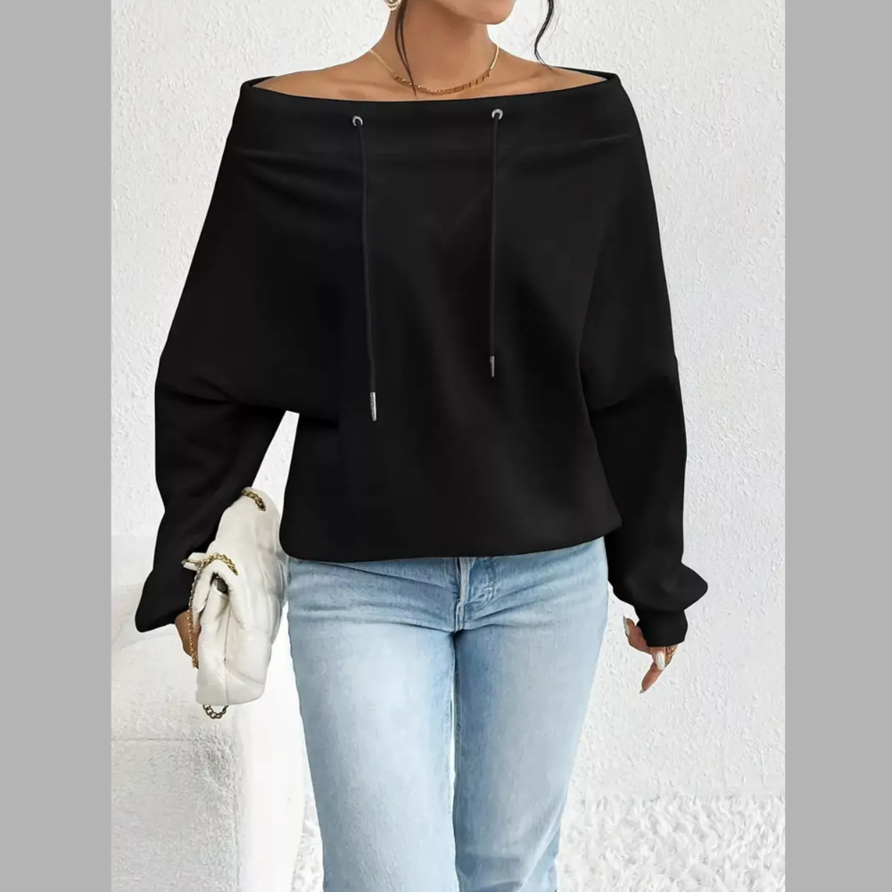 Full Size Off-Shoulder Drawstring Long Sleeve Top Plus Size