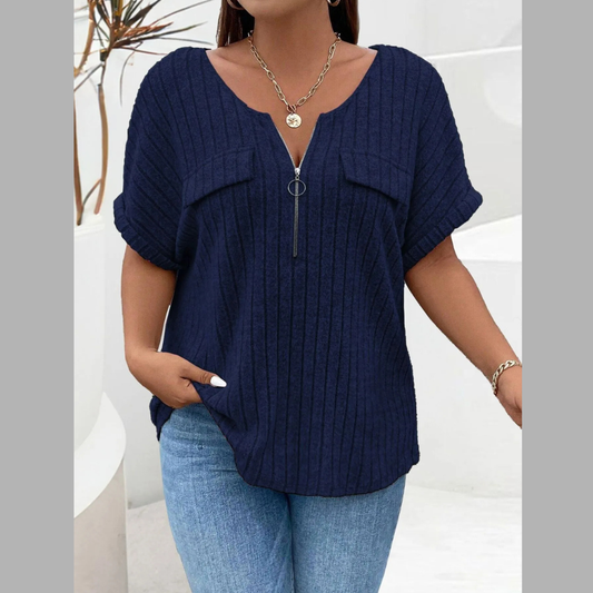 Plus Size Ribbed Half Zip Relaxed Fit T-Shirt