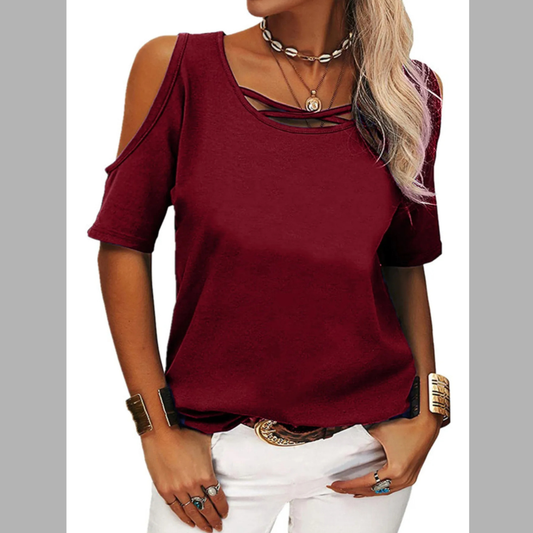 Full Size Crisscross Cold Shoulder Casual T-Shirt Plus Size