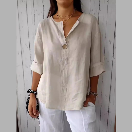 Full Size Linen Blend Notched Blouse Plus Size