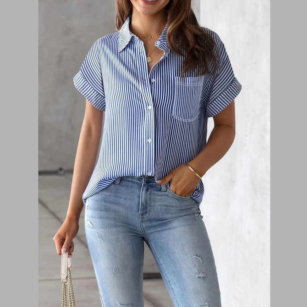 Full Size Striped Button-Up Casual Shirt with Pocket Plus Size