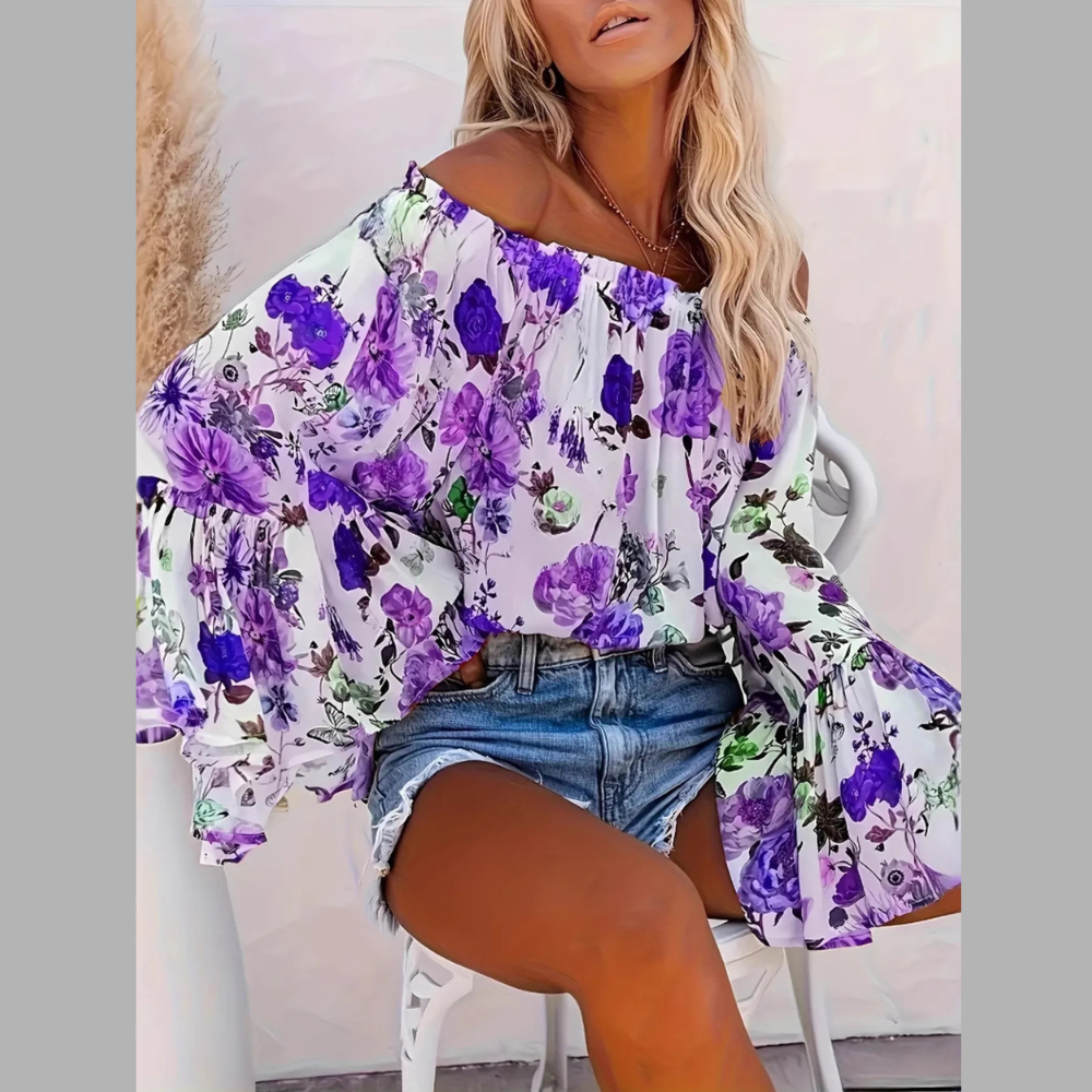 Full Size Floral Off-Shoulder Bell Sleeve Blouse Plus Size