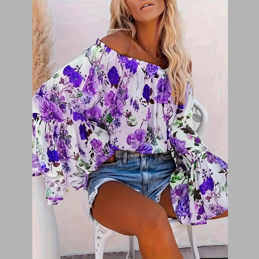 Full Size Floral Off-Shoulder Bell Sleeve Blouse Plus Size