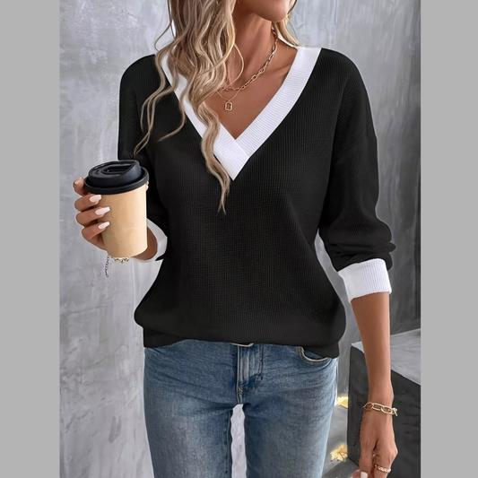 Plus Size V-Neck Long Sleeve Waffle Knit T-Shirt