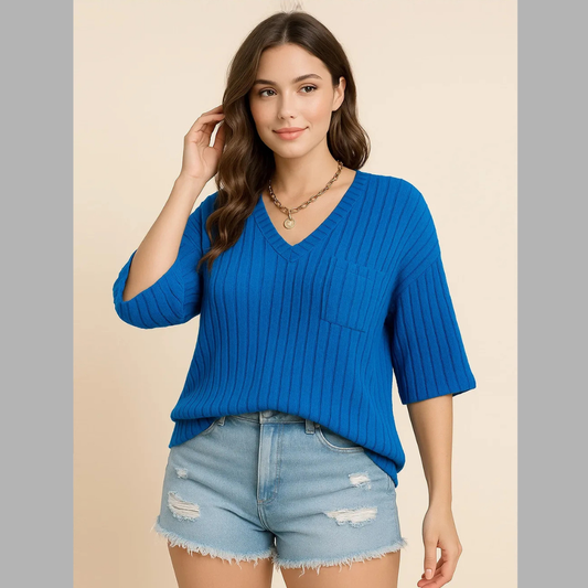 Plus Size V-Neck Ribbed Knit T-Shirt