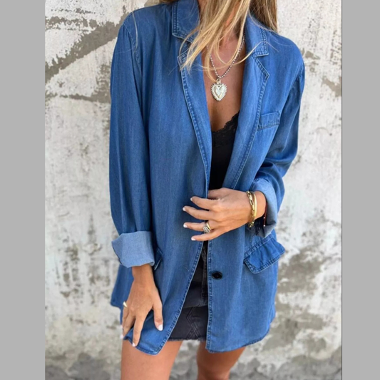 Full Size Button Down Denim Blazer Plus Size
