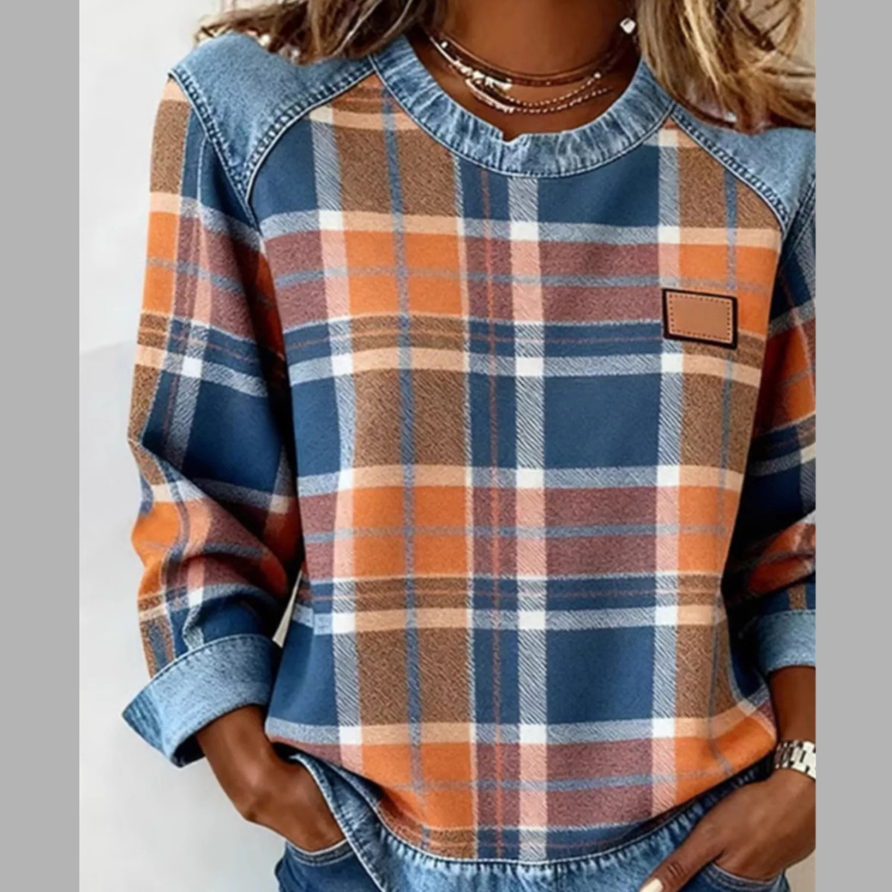 Full Size Plaid Denim Trim Long Sleeve Sweatshirt Plus Size