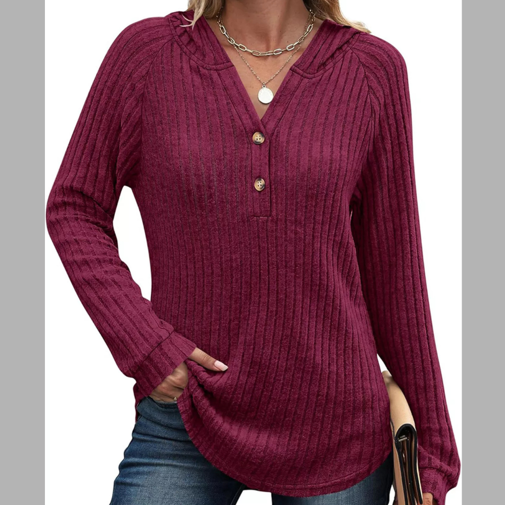 Full Size Ribbed Knit Button Detail Hooded Top Plus Size