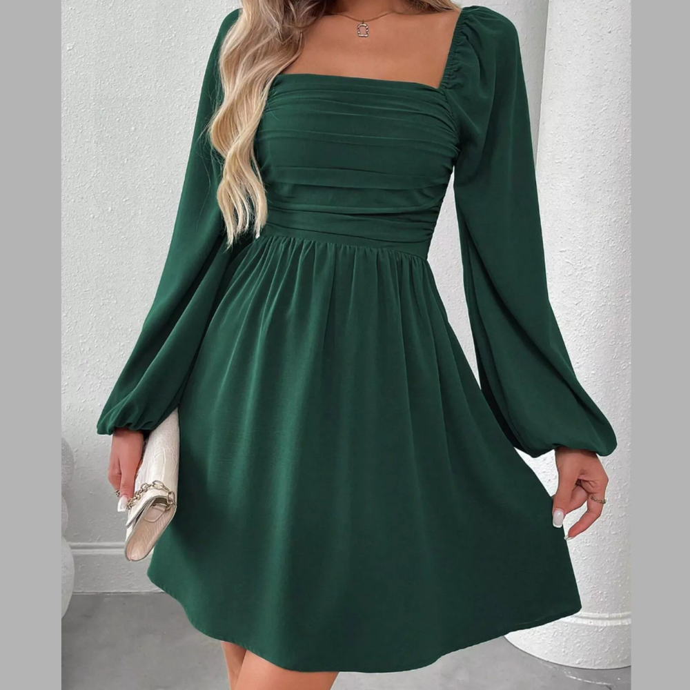 Ruched Square Neck Long Sleeve A-Line Dress