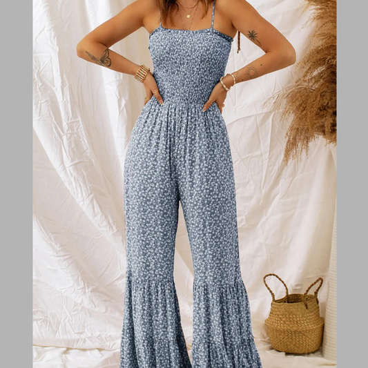 Smocked Printed Wide Strap Jumpsuit