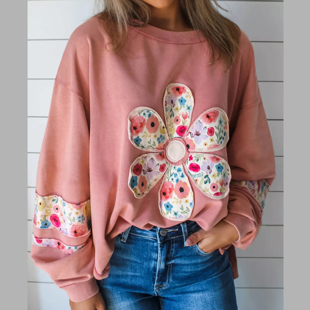 Plus Size Floral Applique Drop Shoulder Sweatshirt