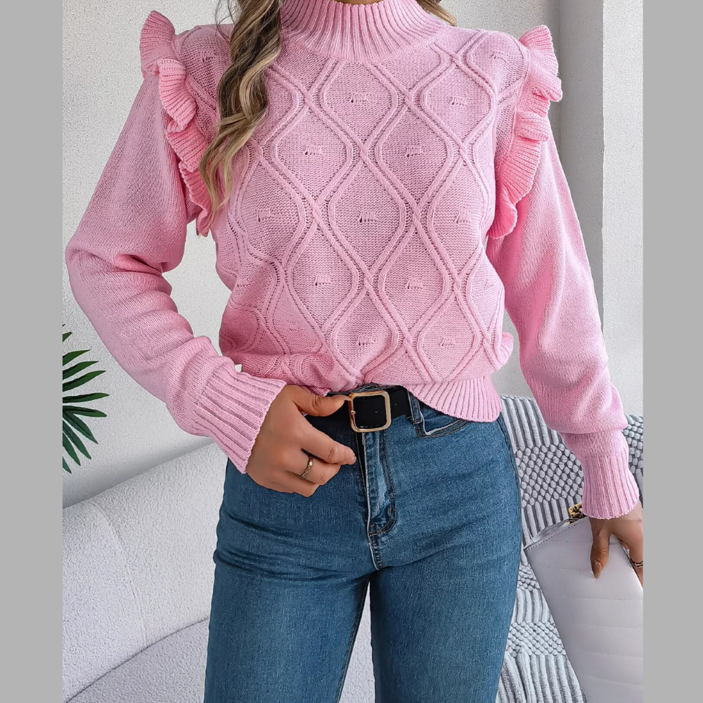 Mock Neck Ruffle Trim Long Sleeve Sweater