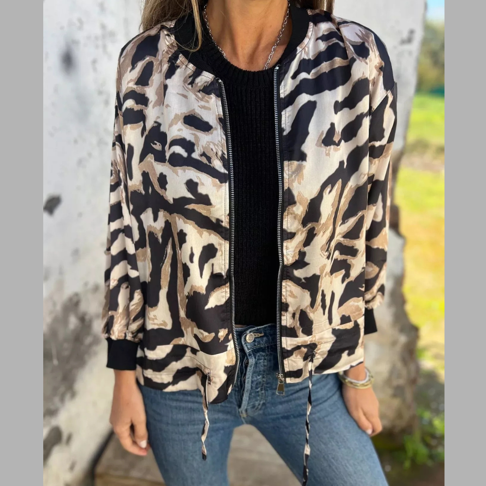 Full Size Zip Up Zebra Print Bomber Jacket Plus Size