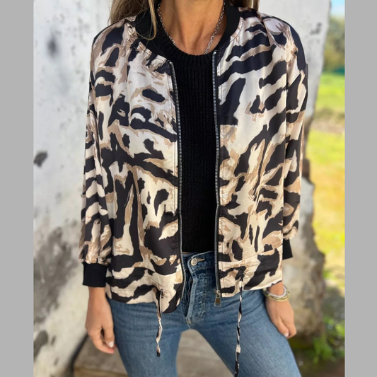 Full Size Zip Up Zebra Print Bomber Jacket Plus Size