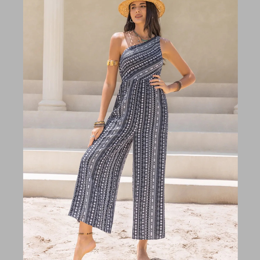 Printed Single Shoulder Sleeveless Jumpsuit