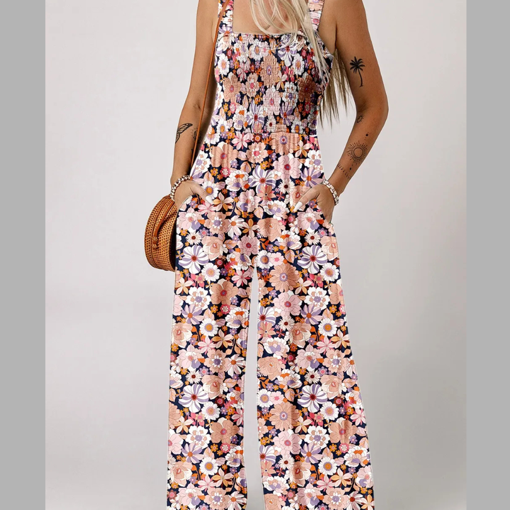 Floral Print Smocked High Waist Square Neck Jumpsuit