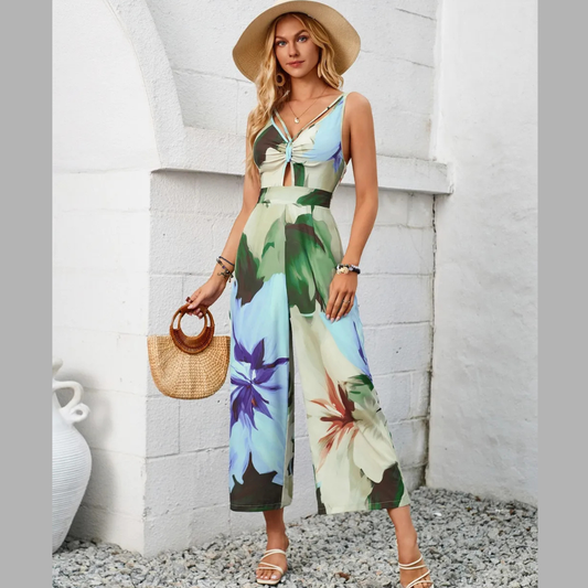Cutout Printed Wide Strap Jumpsuit