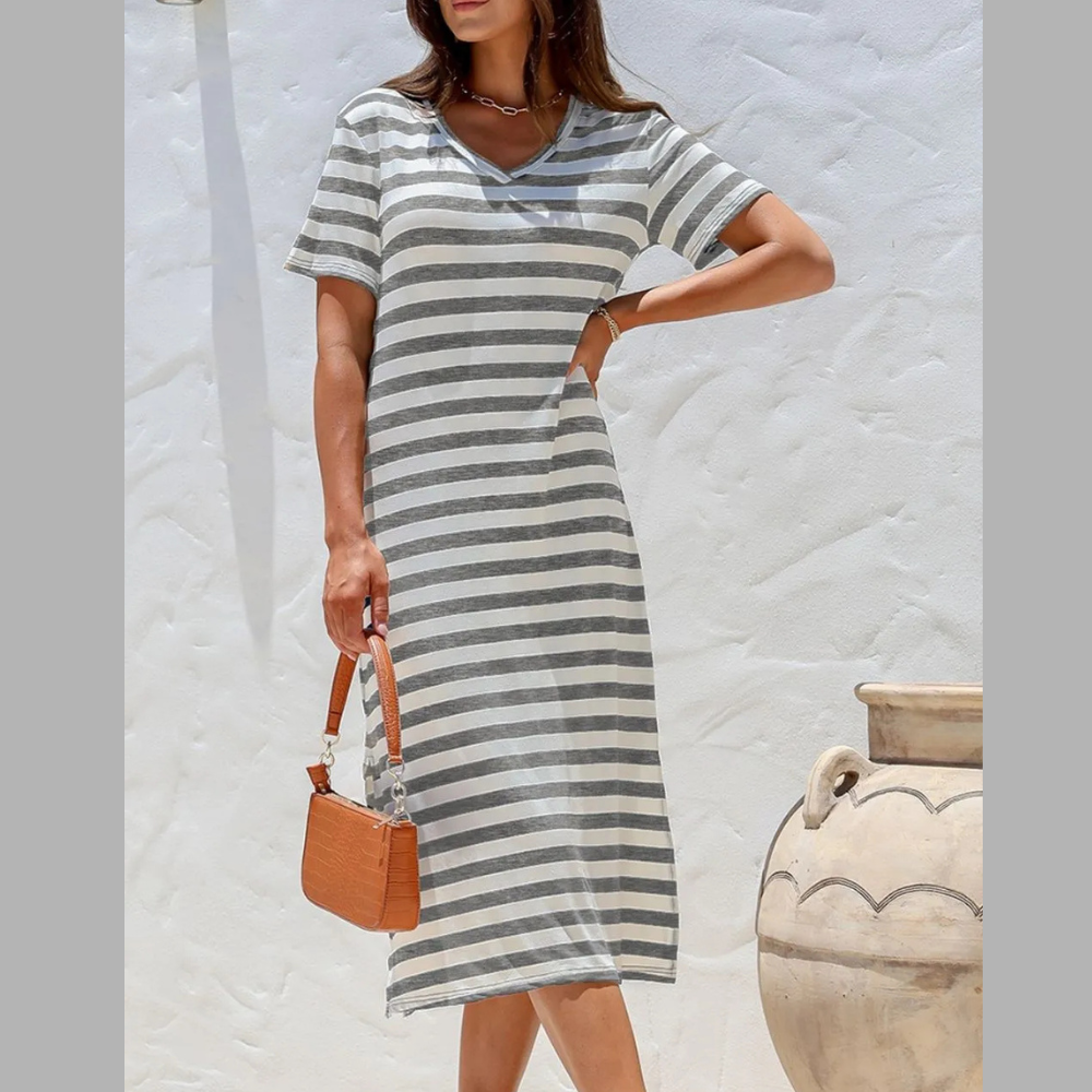 Casual Striped V-Neck Midi T-Shirt Dress