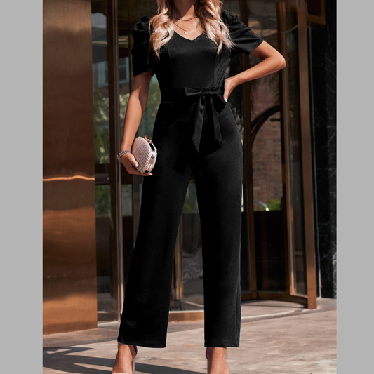Belted Puff Sleeve V-Neck Jumpsuit