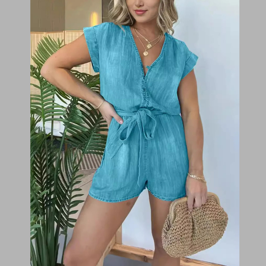 Full Size Tie Waist Cap Sleeve Denim Romper Plus Size