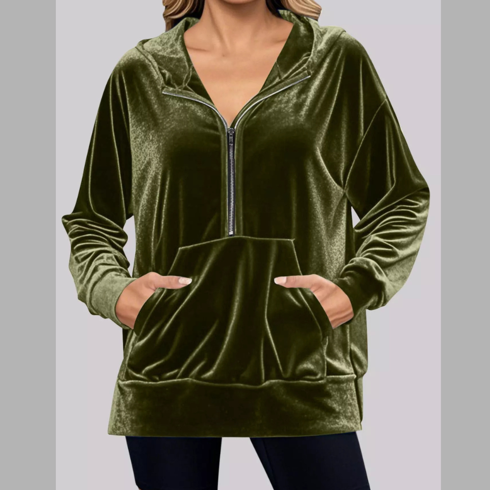 Full Size Velvet Half Zip Hoodie with Kangaroo Pocket Plus Size