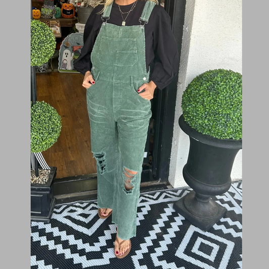 Distressed Wide Leg Corduroy Overalls