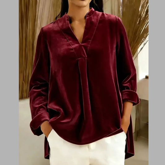 Full Size Velvet Notched Long Sleeve Blouse Plus Size