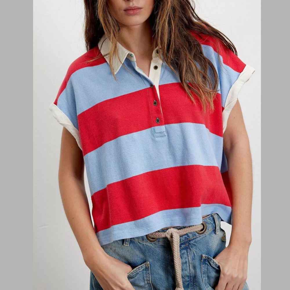 Half Button Striped Short Sleeve Cropped Polo Shirt