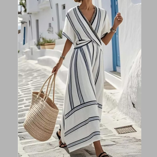 Striped Wrap Half Sleeve Maxi Dress