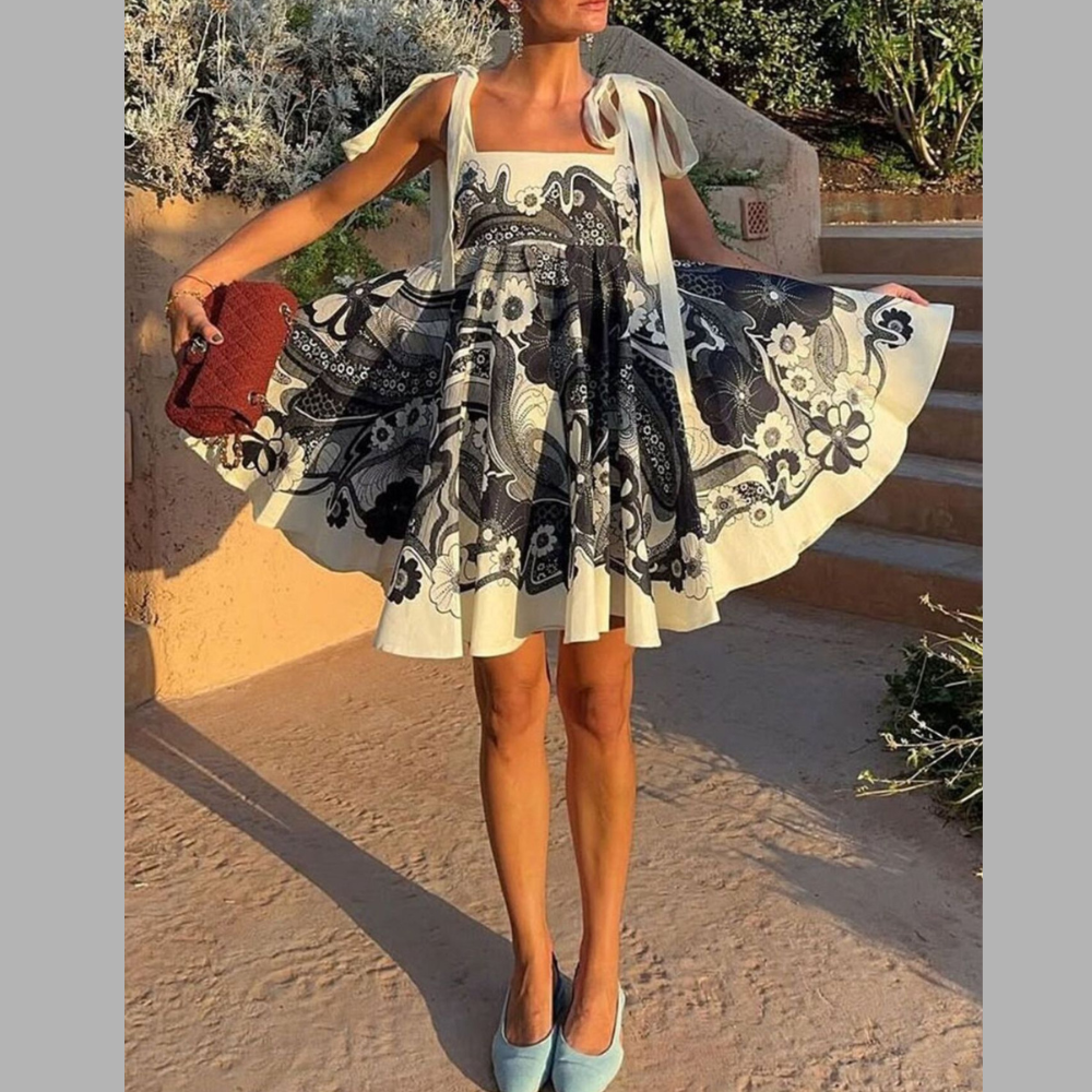 Printed Tie Shoulder Mini Dress