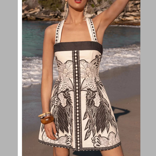 Printed Back Smocked Sleeveless Mini Dress