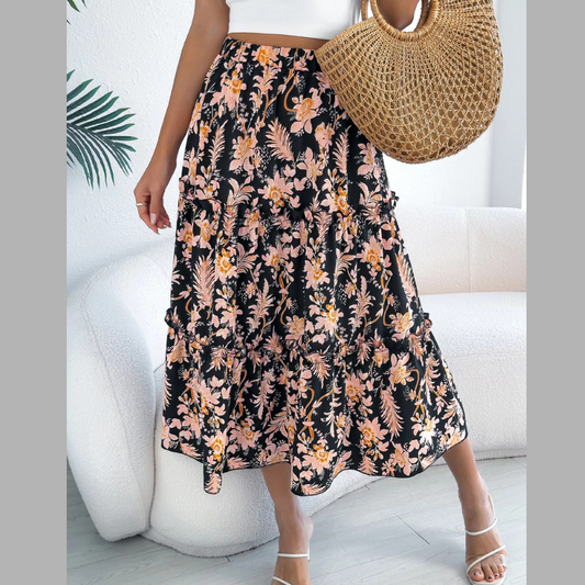 Floral Print Ruffle Hem Flowy Midi Skirt