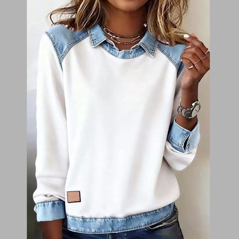 Full Size Denim Trim Long Sleeve Top Plus Size