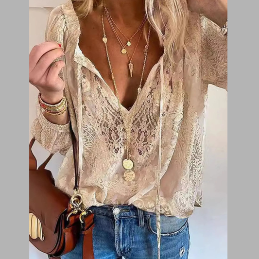 Trendy Lace Tie-Neck Blouse