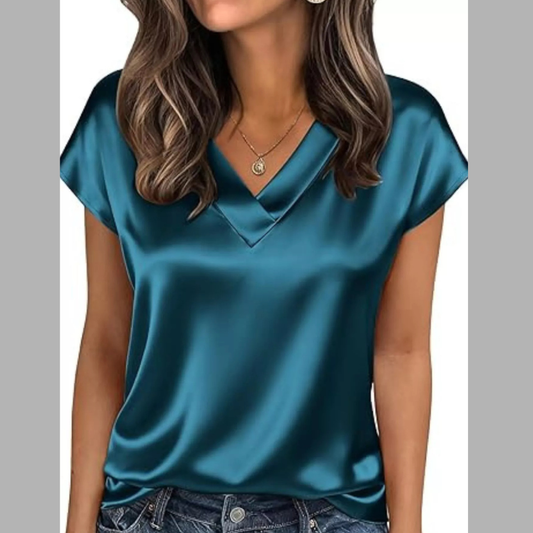 Satin V-Neck Short Sleeve Blouse