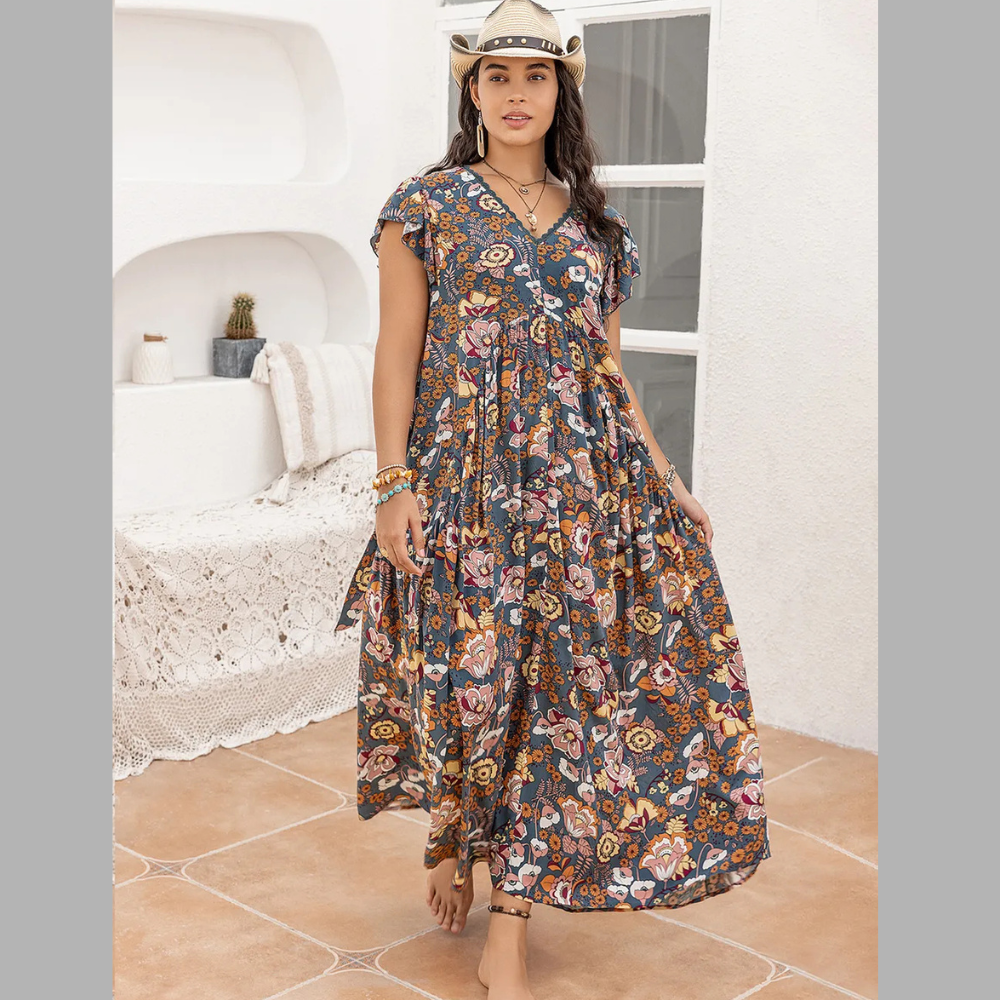 Plus Size Ruffled Printed Cap Sleeve Dress