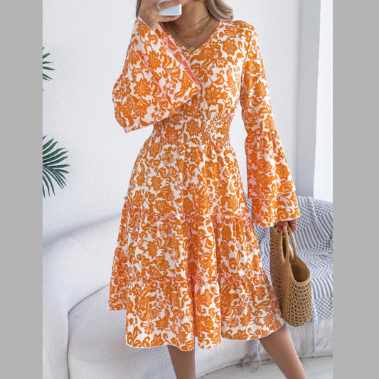 Floral Print Smocked Ruffle Hem Flared Sleeve Dress