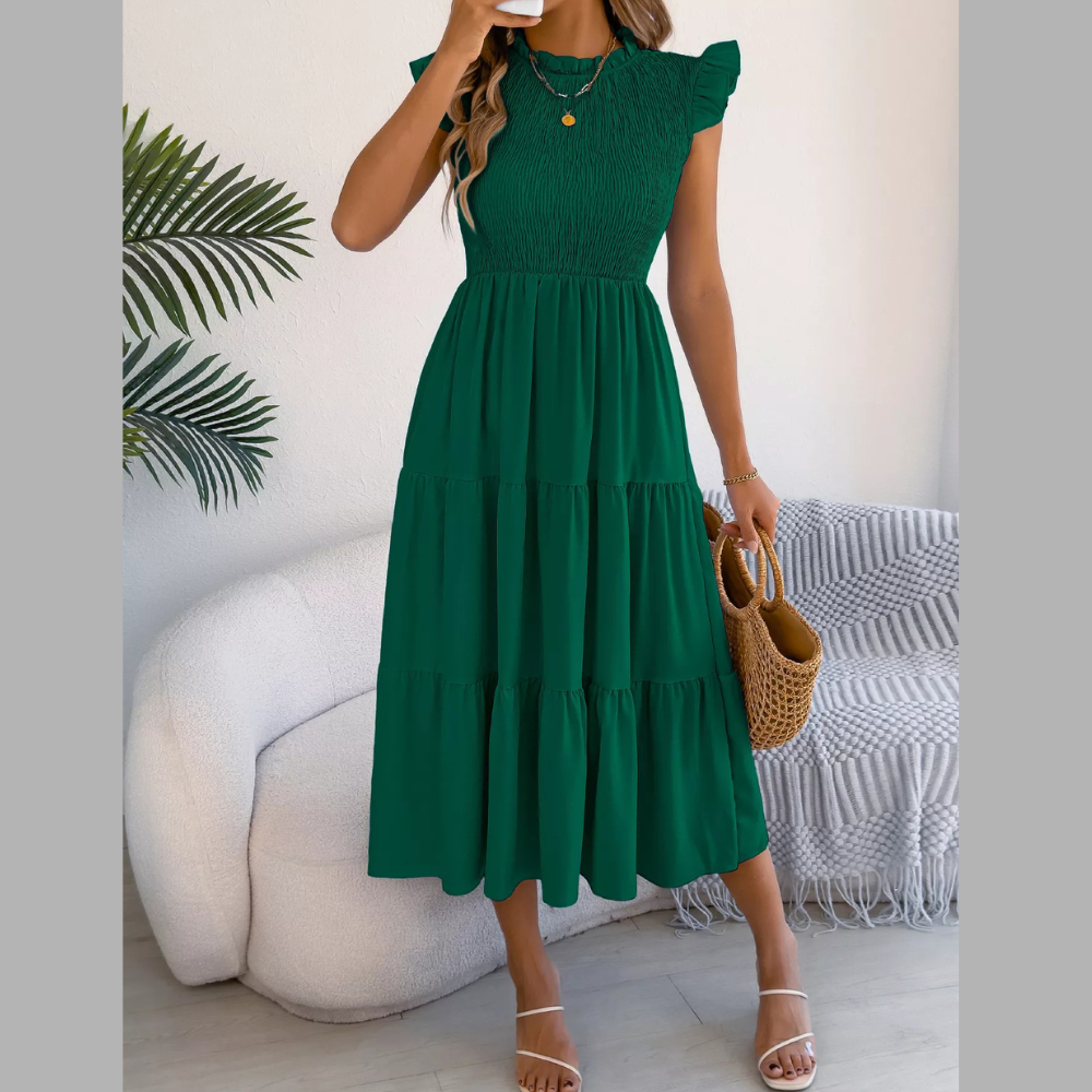 Smocked Ruffled Cap Sleeve Dress