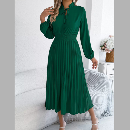 Smocked Pleated Tie Neck Dress