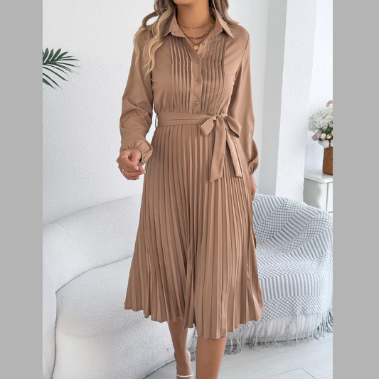 Pleated Tie Waist Balloon Sleeve Dress