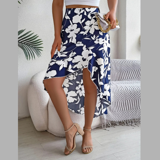 Floral Print Ruffle Hem Asymmetrical Skirt