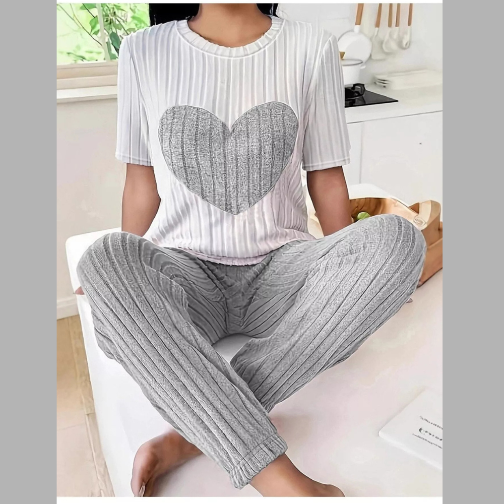 Heart Ribbed Knit Top and Pants Lounge Set